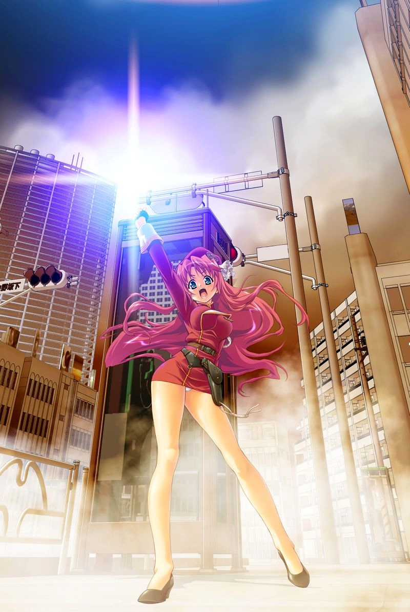 belt city fog gouri_yukie green_eyes gunbelt high_heels holster long_hair miniskirt panties pantyshot pink_hair red_hair shoes skirt solo sun underwear uniform zwei_worter
