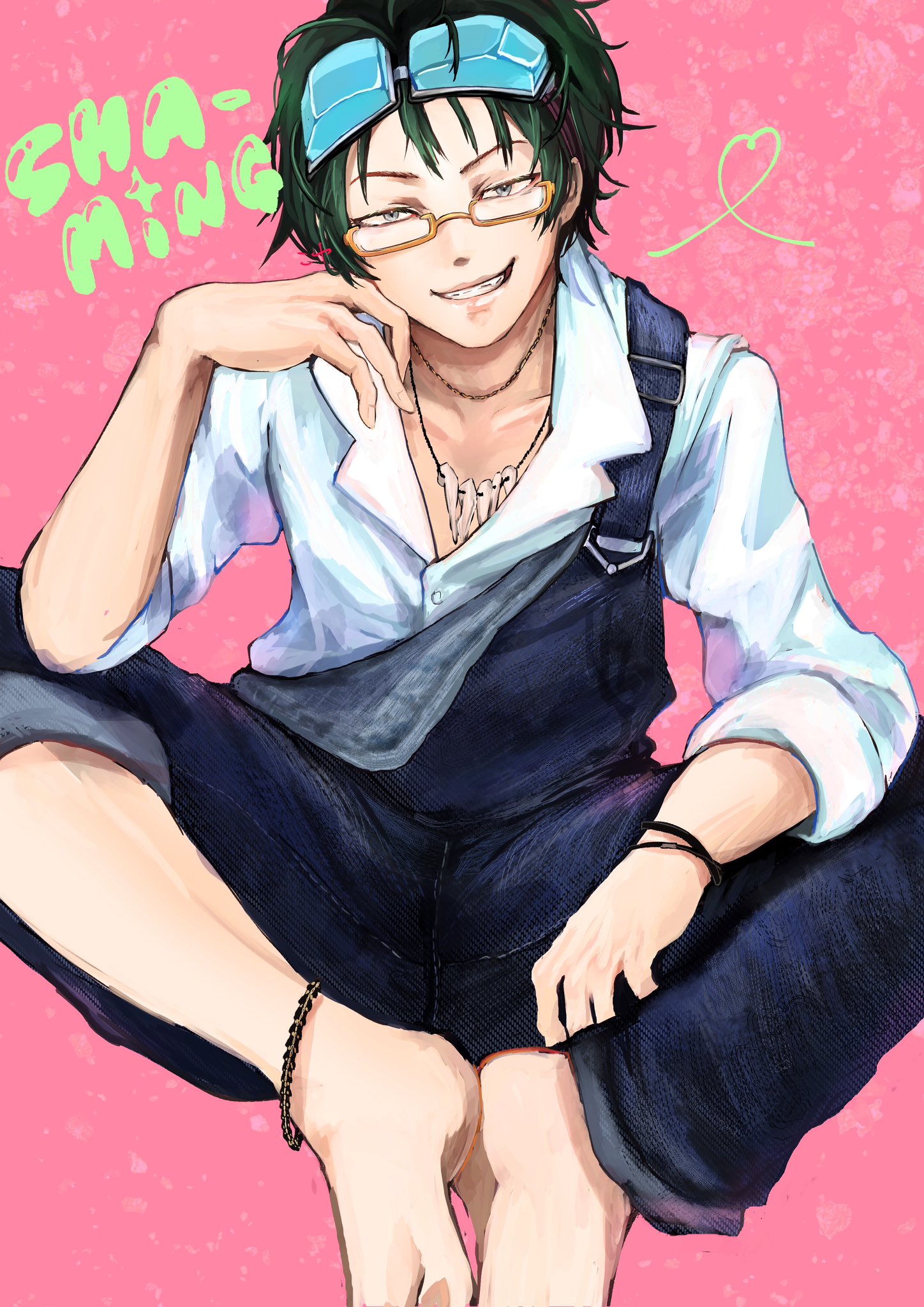 1boy black_hair character_name fang glasses gnosia goggles green_hair highres jacket jewelry koyuuuuuuuuuuu long_sleeves looking_at_viewer male_focus necklace one_eye_closed sha-ming shirt short_hair smile solo