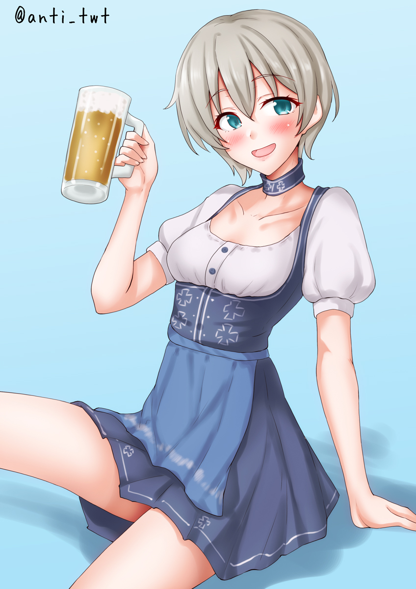 1girl alcohol anti_(untea9) apron beer beer_mug blue_apron blue_background blue_choker blue_eyes blue_skirt breasts choker cross cup dirndl german_clothes gradient_background grey_hair high-waist_skirt highres iron_cross kantai_collection looking_at_viewer mug one-hour_drawing_challenge short_hair sitting skirt small_breasts smile solo waist_apron white_background z1_leberecht_maass_(kancolle) z1_leberecht_maass_(oktoberfest)_(kancolle)