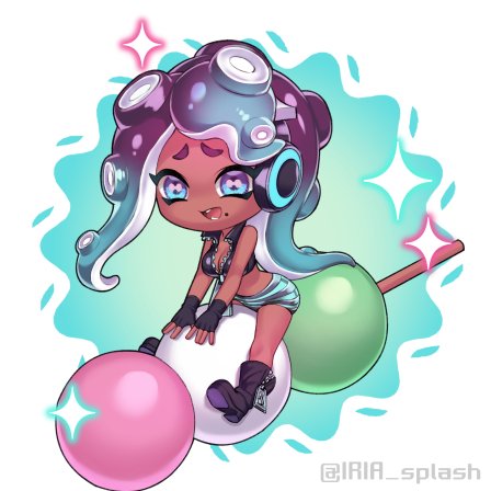 1girl aqua_eyes aqua_hair artist_name bare_shoulders black_boots black_gloves black_shirt boots breasts cephalopod_eyes chibi chibi_only cleavage commentary_request crop_top dango dark-skinned_female dark_skin fang fingerless_gloves food full_body furrowed_brow gloves gradient_hair grey_shorts headphones horizontal_pupils iria_(yumeirokingyo) long_hair lowres marina_(off_the_hook_outfit)_(splatoon) marina_(splatoon) midriff mini_person minigirl mole mole_under_mouth multicolored_hair nintendo octoling open_mouth parted_bangs purple_hair sanshoku_dango shirt shorts simple_background sitting_on_food smile solo splatoon_(series) splatoon_2 tentacle_hair two-tone_hair wagashi white_background zipper