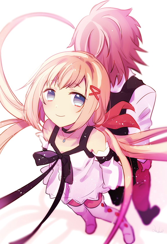 1boy 1girl anoko_(darenokoanoko) back-to-back bare_shoulders black_footwear black_vest boots brother_and_sister closed_mouth detached_sleeves dress green_eyes hair_ribbon kingdom_hearts kingdom_hearts_x knee_boots lauriam long_hair long_sleeves looking_at_viewer orange_hair pants pink_hair red_pants red_ribbon ribbon shirt shoes siblings simple_background smile strelitzia_(kingdom_hearts) twintails very_long_hair vest white_background white_dress white_footwear white_shirt