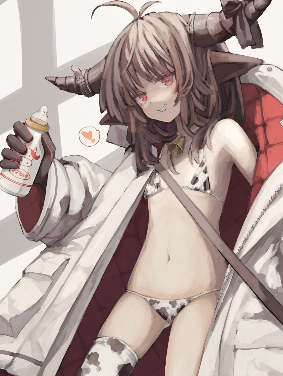 1girl animal_ears animal_print antenna_hair baby_bottle bare_shoulders bell bikini black_bow black_gloves bottle bow brown_eyes brown_hair chinese_zodiac choker coat cow_ears cow_girl cow_horns cow_print cow_print_bikini cow_tail dripping gloves heart heart-shaped_pupils highres holding holding_bottle horns long_hair long_sleeves looking_at_viewer milk_bottle neck_bell open_clothes open_coat original osobachan padded_coat pink_pupils print_bikini shoes single_bare_shoulder single_thighhigh sleeves_past_wrists smile sneakers socks solo speech_bubble spoken_heart swimsuit symbol-shaped_pupils tail tail_bow tail_ornament teeth thighhighs vacuum_tube white_coat white_shoes year_of_the_ox zipper