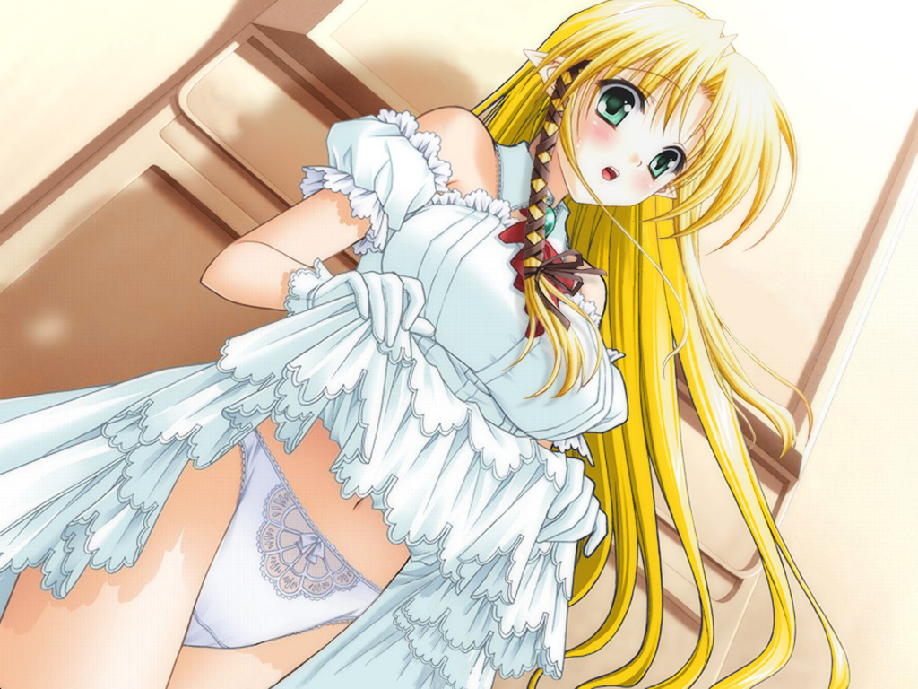 00s 1girl blonde_hair blush clothes_lift dress dress_lift female_focus game_cg gloves green_eyes kareha long_hair panties pointy_ears ribbon shuffle! solo suzuhira_hiro third-party_edit underwear