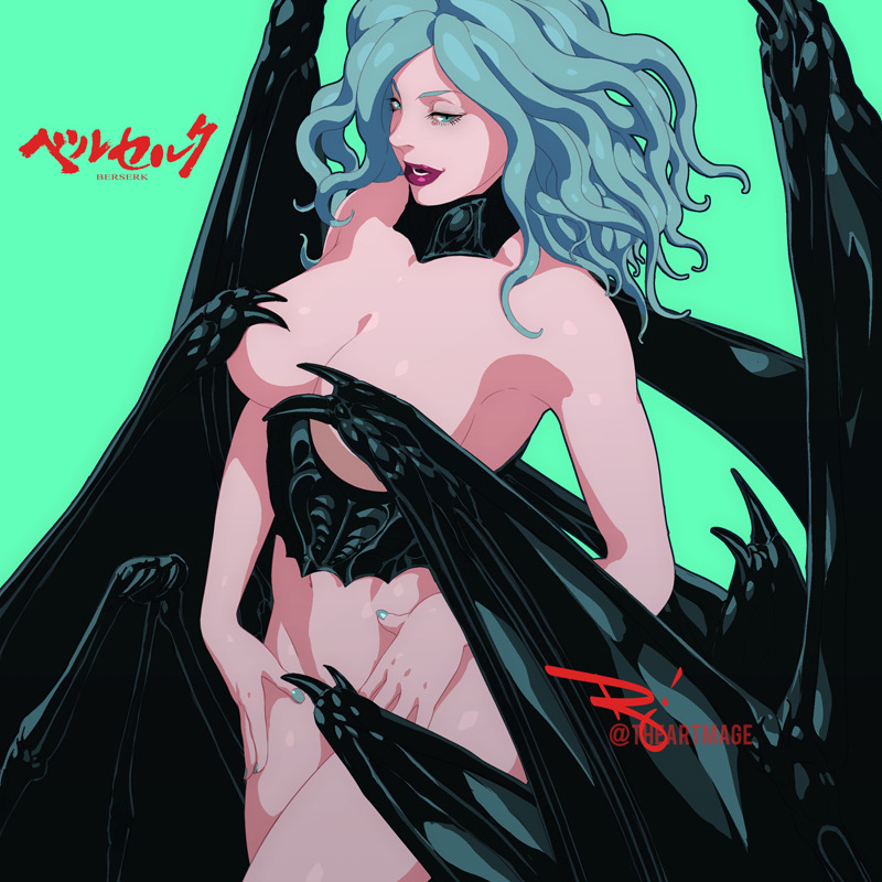 1girl berserk black_choker black_corset breasts choker convenient_censoring corset demon_girl demon_wings green_eyes green_hair green_nails large_breasts long_hair looking_at_another looking_at_viewer nude signature slan_(berserk) solo tentacle_hair the_art_mage wings