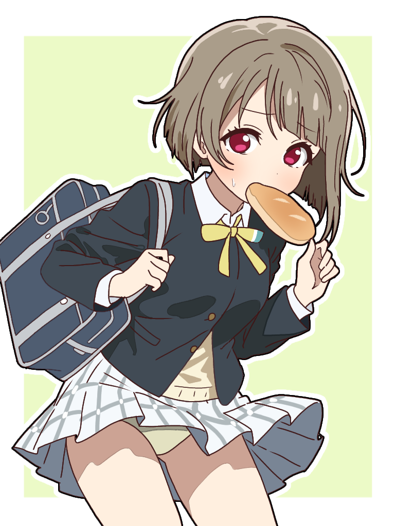 1girl asymmetrical_hair bag black_jacket bob_cut border bread breasts brown_hair clothes_lift collared_shirt commentary_request dress_shirt food food_in_mouth gluteal_fold green_background inverted_bob jacket late_for_school leaning_forward long_sleeves looking_at_viewer love_live! love_live!_nijigasaki_high_school_idol_club miniskirt mouth_hold mukiryoku_bato nakasu_kasumi neck_ribbon nijigasaki_school_uniform outline outside_border panties pantyshot partially_unbuttoned plaid_clothes plaid_skirt pleated_skirt red_eyes ribbon school_bag school_uniform shirt short_hair shoulder_bag simple_background single_hair_intake skirt skirt_lift small_breasts solo standing sweatdrop sweater textless_version underwear white_border white_outline white_shirt white_skirt wind wind_lift winter_uniform yellow_panties yellow_ribbon yellow_sweater