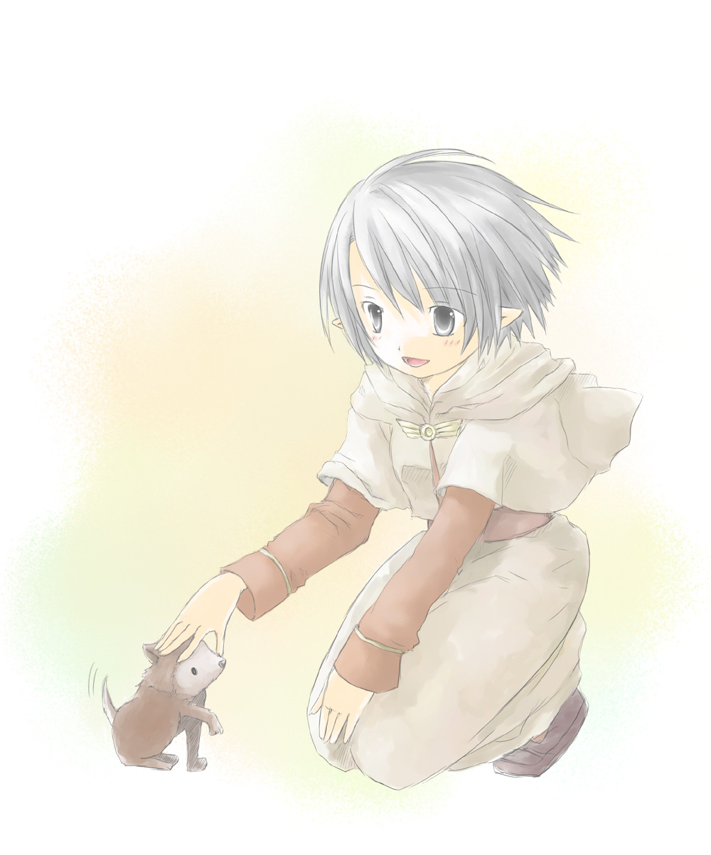 1girl 2000s_(style) acolyte_(ragnarok_online) blush brown_shirt capelet commentary_request desert_wolf_(ragnarok_online) full_body grey_eyes grey_hair highres long_sleeves open_mouth petting pointy_ears ragnarok_online shirt short_hair skirt smile solo squatting white_capelet white_skirt wolf_cub yuina_(yuina_h)
