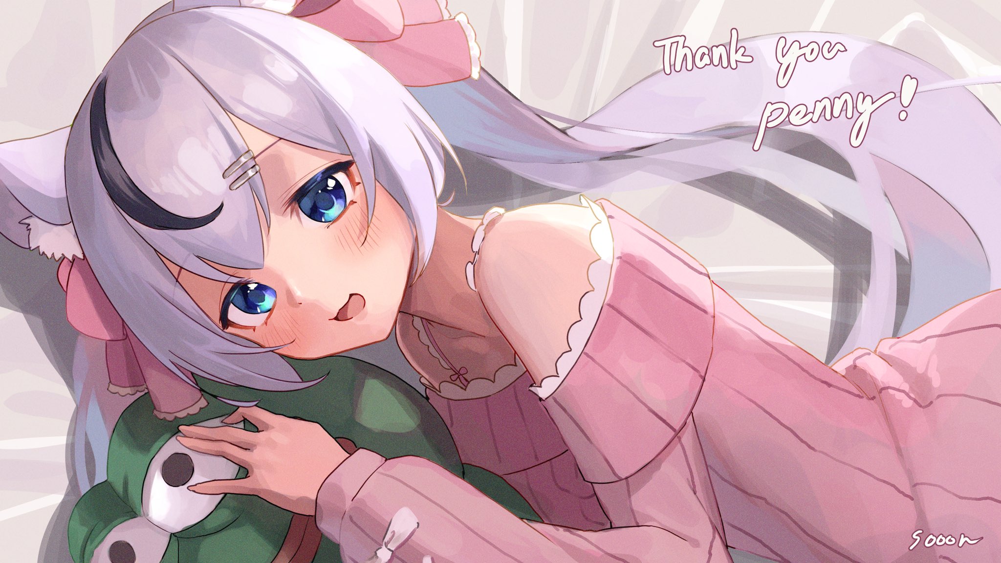 1girl :d animal_ears artist_name black_hair blue_eyes blush dress english_text highres holding holding_stuffed_toy indie_virtual_youtuber ketz long_sleeves mouse_ears mouse_girl multicolored_hair open_mouth pepe_the_frog pink_dress purple_hair second-party_source smile solo sooon streaked_hair stuffed_animal stuffed_frog stuffed_toy sweater sweater_dress thank_you tongue twintails watermark