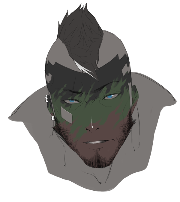 1boy bandaid bandaid_on_cheek bandaid_on_face bara beard black_hair blue_eyes cropped_torso cyphers damian_doyle_(cyphers) dark-skinned_male dark_skin facepaint facial_hair from_above gomtang male_focus mature_male mohawk short_hair solo spot_color