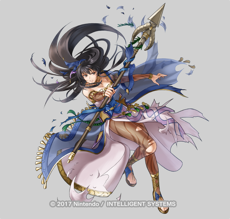 bare_shoulders black_eyes black_hair breasts choker detached_sleeves fire_emblem fire_emblem:_the_blazing_blade fire_emblem_heroes full_body hair_ornament high_heels holding holding_polearm holding_weapon jewelry karla_(fire_emblem) karla_(hatari)_(fire_emblem) kita_senri large_breasts long_hair looking_at_viewer nintendo official_alternate_costume official_art pantyhose polearm solo toeless_footwear toeless_legwear torn_clothes torn_pantyhose weapon