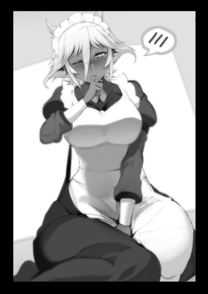 1girl apron between_legs blush breasts hair_between_eyes hand_between_legs kneeling large_breasts maid maid_apron maid_headdress monochrome novel_illustration official_art ookuma_nekosuke shinmai_maou_no_testament short_hair speech_bubble wide_hips zest