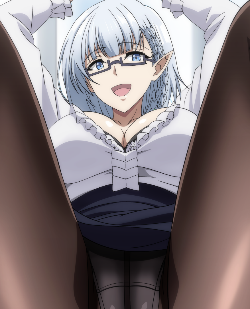 1girl beta_(kage_no_jitsuryokusha_ni_naritakute!) black_bra black_pantyhose black_skirt blue_eyes bra bra_peek braid breasts collarbone crotch_seam from_below glasses kage_no_jitsuryokusha_ni_naritakute! large_breasts long_sleeves makiri_akira mole mole_under_eye paid_reward_available panties panties_under_pantyhose pantyhose pointy_ears rectangular_eyewear semi-rimless_eyewear shirt skirt solo thighs underwear white_panties white_shirt