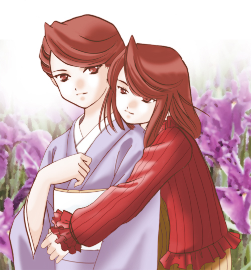 00s 2girls brown_eyes brown_hair flower fujieda_ayame fujieda_kaede hug japanese_clothes kimono looking_at_viewer lucentia multiple_girls sakura_taisen sakura_taisen_ii short_hair siblings sisters sweater