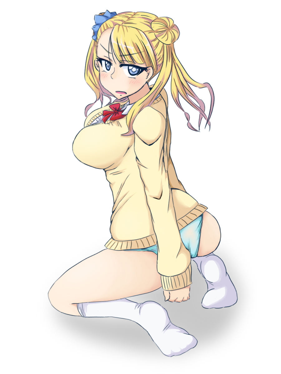 1girl 2014 ass blonde_hair blue_eyes blush galko green_panties gyaru highres looking_at_viewer looking_back oshiete!_galko-chan panties simple_background socks solo underwear white_background