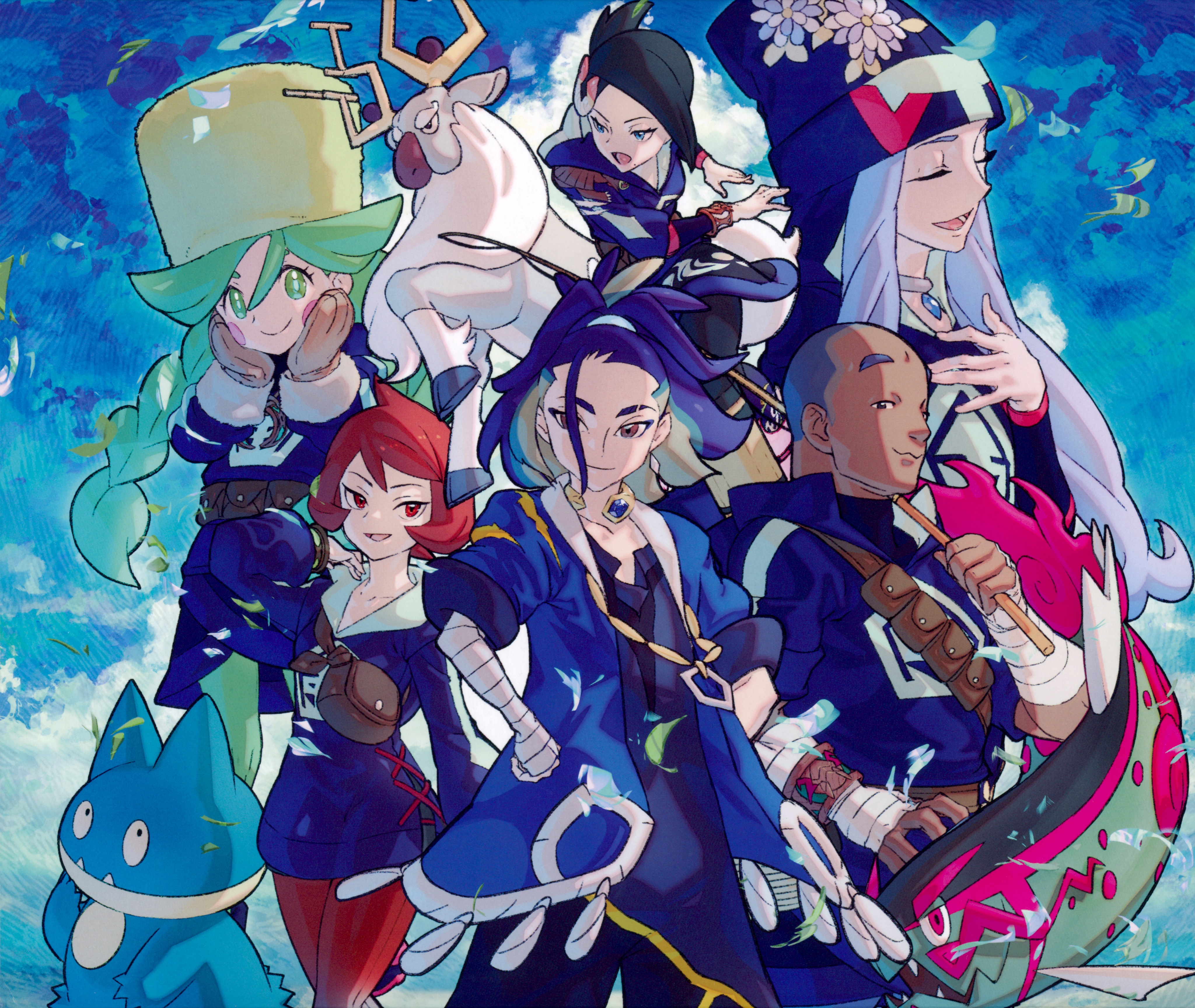 3boys 3girls 3others absurdres adaman_(pokemon) antlers arezu_(pokemon) bag basculegion basculegion_(male) blue_hair braid dark-skinned_male dark_skin diamond_clan_outfit fangs fishing_rod gen_4_pokemon gloves green_hair hair_ornament hat highres holding holding_fishing_rod hood horns iscan_(pokemon) jewelry kazama_raita looking_at_viewer mai_(pokemon) melli_(pokemon) multiple_boys multiple_girls multiple_others munchlax neck_ring nintendo official_art pokemon pokemon_(creature) pokemon_legends:_arceus red_hair sabi_(pokemon) satchel smile third-party_source tusks twin_braids wyrdeer