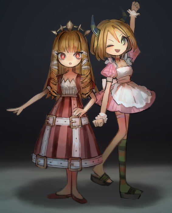 2girls apron blonde_hair boku_to_maou breasts brown_hair dress green_eyes linda_(boku_to_maou) long_hair looking_at_viewer multiple_girls one_eye_closed open_mouth princess_marlene puffy_sleeves red_eyes sandals sasumata_jirou short_hair short_sleeves single_thighhigh smile thighhighs