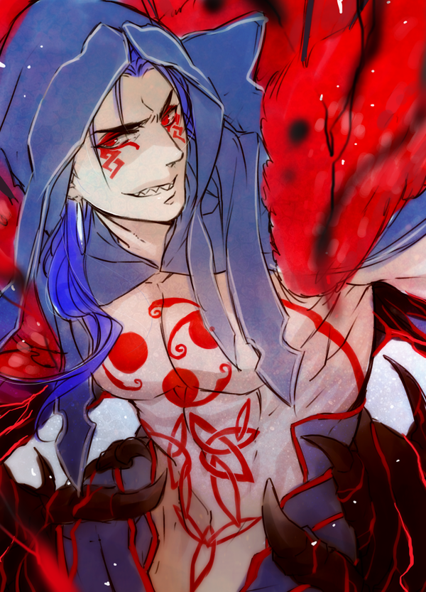1boy bare_pectorals blue_hair chest_tattoo cu_chulainn_(fate) cu_chulainn_(fate/stay_night) cu_chulainn_alter_(fate) cu_chulainn_alter_(fate/grand_order) earrings facepaint fate/grand_order fate_(series) grey_background grin hair_over_shoulder hair_strand hood jewelry jun_(ash) long_hair looking_at_viewer male_focus monster_boy pectorals red_eyes sharp_teeth smile solo spikes tail tattoo teeth upper_body