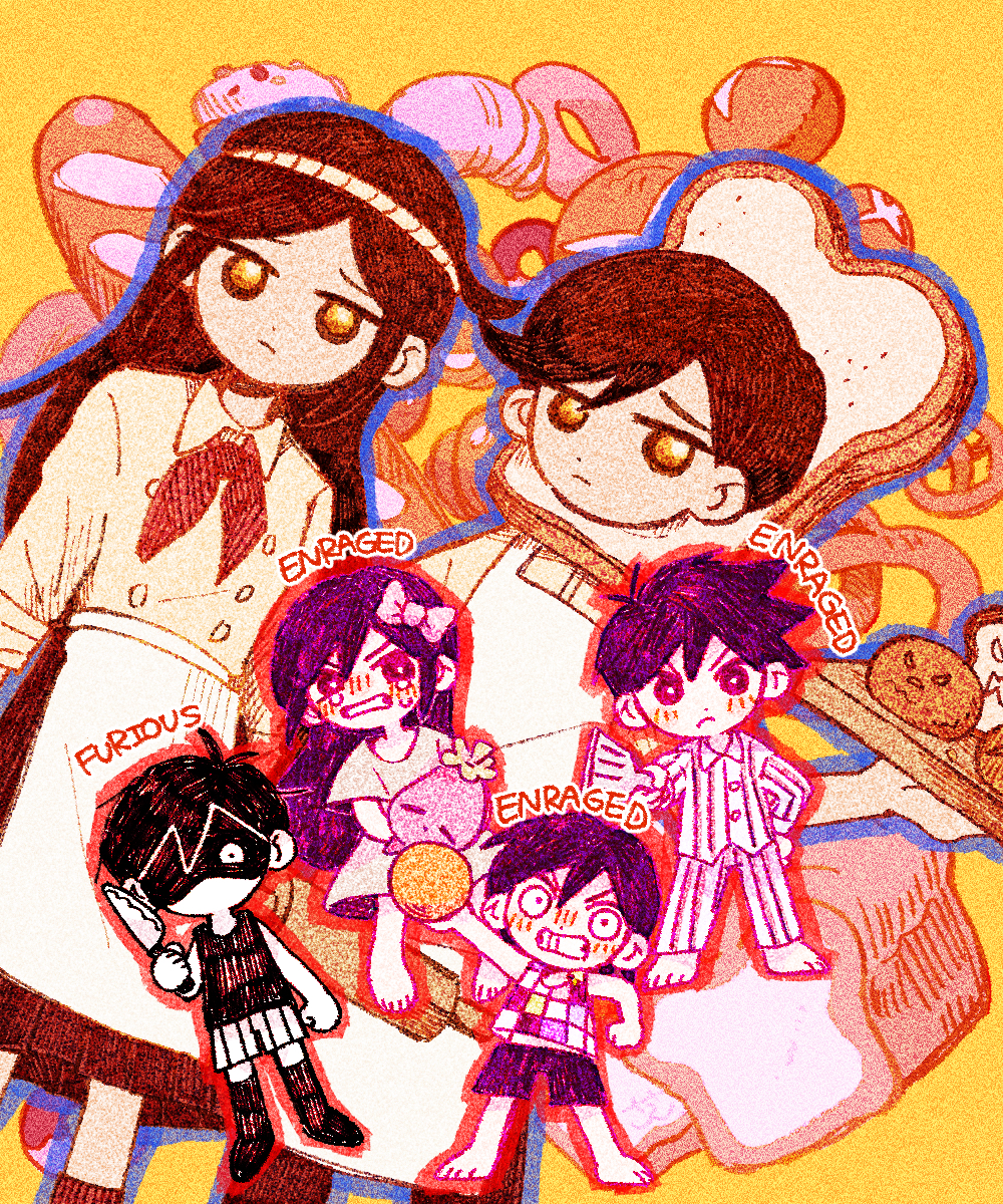 2girls 4boys aubrey_(headspace)_(omori) aubrey_(omori) baguette ball barefoot biscuit_(omori) black_hair blue_shirt bow bread bread_slice brown_eyes brown_hair chibi clenched_teeth closed_mouth colored_skin croissant doughie_(omori) food hair_bow hero_(headspace)_(omori) hero_(omori) highres holding holding_ball holding_knife holding_spatula holding_stuffed_toy kel_(headspace)_(omori) kel_(omori) knife light_frown loaf_of_bread long_hair long_sleeves looking_at_viewer multiple_boys multiple_girls o_tori_mhyk omori omori_(omori) pajamas parted_lips pink_bow purple_eyes purple_hair sesame_(omori) shirt short_hair short_sleeves slice_(omori) spatula striped_pajamas stuffed_eggplant stuffed_toy teeth vertical-striped_clothes vertical-striped_pajamas white_skin