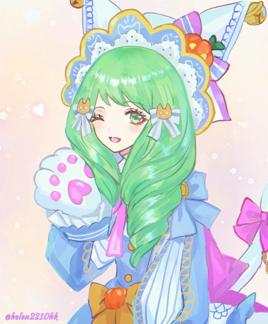 1girl animal_hands cat_paw cat_paws fake_tail fire_emblem fire_emblem:_three_houses fire_emblem_heroes flayn_(fire_emblem) flayn_(halloween)_(fire_emblem) food gloves green_eyes halloween halloween_costume helen_(helen2210hk) jack-o&#039;-lantern jack-o&#039;-lantern_hat_ornament light_blue_dress long_hair looking_at_viewer nintendo pants paw_gloves paw_shoes star-shaped_food star_(symbol) striped_clothes striped_leggings striped_pants tail vertical-striped_clothes vertical-striped_leggings vertical-striped_pants