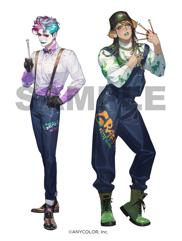 2boys alternate_costume aqua_hair aqua_lips between_fingers black_gloves black_hair black_hat blue_overalls blue_pants boots bow bowtie brown_footwear bucket_hat chain chain_necklace cheekbones closed_mouth collared_shirt copyright_notice earrings eyeshadow full_body gloves gradient_hair green_eyes green_eyeshadow green_footwear green_hair green_lips grey_hair hair_between_eyes hair_slicked_back hanabatake_chaika hand_on_own_chest hand_on_own_hip hat holding holding_paintbrush japants jewelry joe_rikiichi lace-up_boots long_hair long_sleeves looking_at_viewer makeup male_focus multicolored_eyeshadow multicolored_hair multiple_boys necklace nijisanji official_art orange_eyeshadow overalls oxfords paint_splatter paintbrush pale_skin palette_earrings pants parted_lips pink_hair pointy_ears print_pants purple_bow purple_bowtie purple_hair sample_watermark shirt short_hair simple_background standing streaked_hair suspenders tan teardrop_facial_mark traditional_bowtie turtleneck virtual_youtuber watermark white_background white_shirt