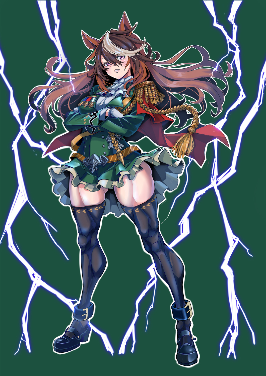 1girl animal_ears arm_at_side ascot belt black_shoes black_thighhighs breasts brown_hair commentary_request crossed_arms earrings epaulettes full_body green_background green_jacket green_skirt hand_up high_heels highres horse_ears horse_girl horse_tail jacket jewelry lightning long_hair looking_at_viewer medal miniskirt multicolored_hair muscular muscular_female parted_lips purple_eyes shoes side_cape simple_background single_earring single_epaulette skirt small_breasts smile solo standing streaked_hair symboli_rudolf_(umamusume) tail take_nii thighhighs umamusume white_ascot