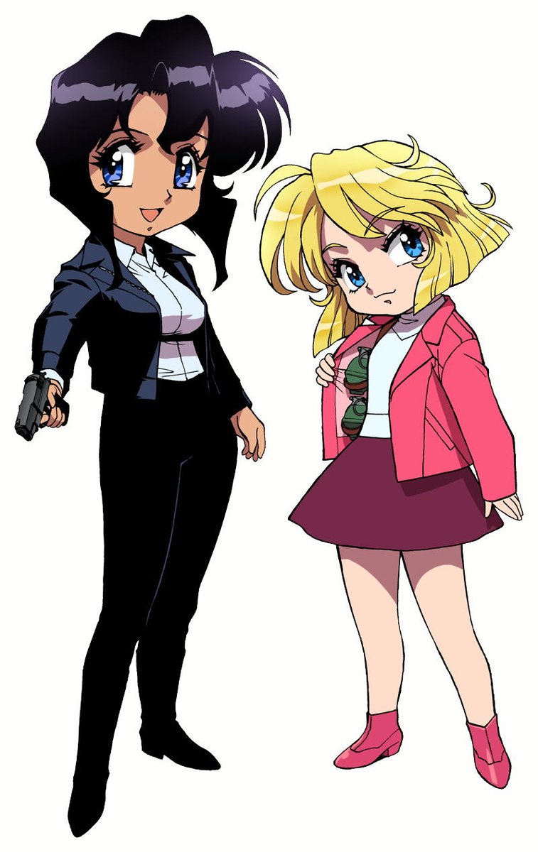 2girls black_hair breasts chibi closed_mouth dark-skinned_female dark_skin full_body gun gunsmith_cats handgun highres holding holding_gun holding_weapon looking_at_viewer minnie_may_hopkins multiple_girls official_art open_mouth rally_vincent short_hair simple_background skirt smile sonoda_ken&#039;ichi weapon white_background