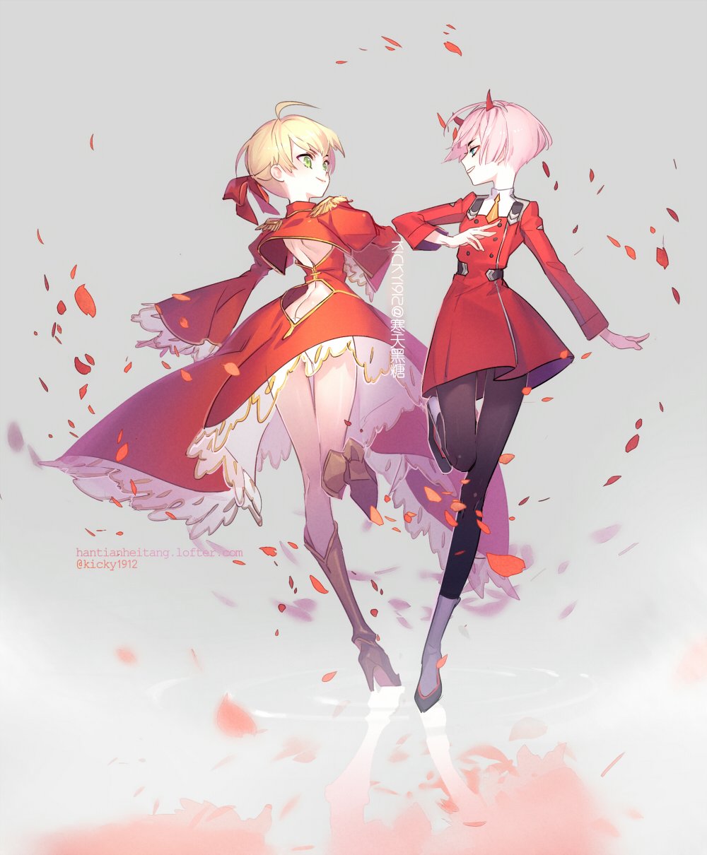2girls ahoge alternate_hair_length alternate_hairstyle back_cutout black_pantyhose blonde_hair boots brown_boots closed_mouth clothing_cutout crossover darling_in_the_franxx dress eyelashes fate/extra fate_(series) green_hair grey_background high_heel_boots high_heels highres horns kickylian long_sleeves looking_at_another mixed-language_commentary multiple_girls necktie nero_claudius_(fate) nero_claudius_(fate/extra) orange_necktie pale_skin pantyhose pink_hair red_dress red_horns red_petals reflection ripples short_hair smile standing standing_on_one_leg twitter_username very_short_hair watermark web_address zero_two_(darling_in_the_franxx)