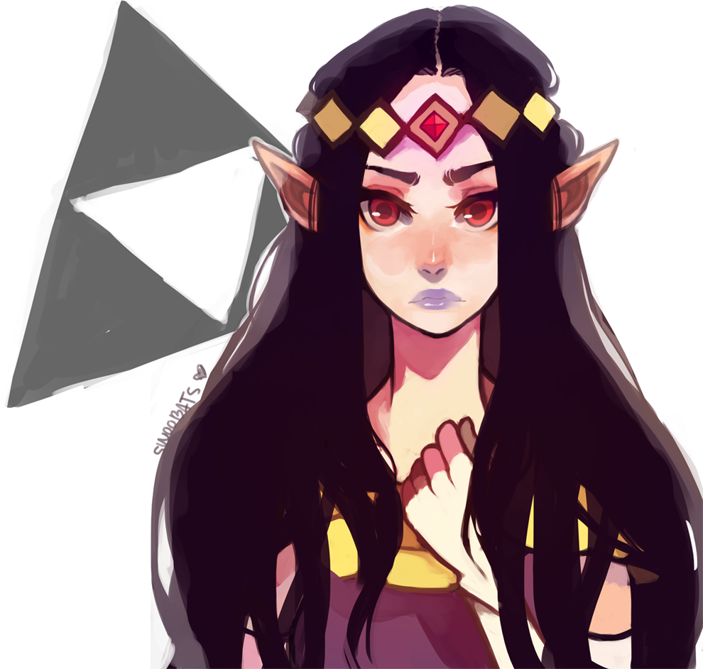 1girl circlet forehead_jewel gem hand_on_own_chest hand_up lochnessa long_hair looking_at_viewer nintendo pointy_ears princess_hilda purple_hair purple_lips pursed_lips red_eyes red_gemstone solo the_legend_of_zelda the_legend_of_zelda:_a_link_between_worlds triforce white_background