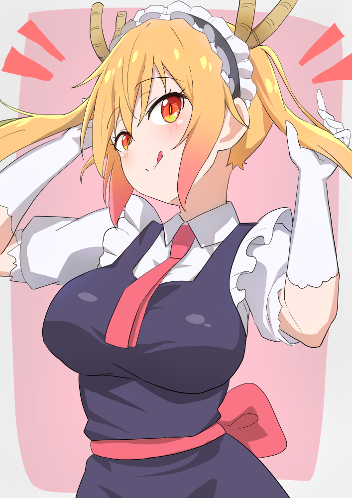1girl :q arms_up blonde_hair border breasts collared_shirt dragon_girl dragon_horns dress gloves grey_border hatenoga holding holding_own_hair horns kobayashi-san_chi_no_maidragon long_hair looking_at_viewer maid maid_headdress necktie orange_eyes outside_border pinafore_dress pink_background red_necktie shirt short_sleeves sidelocks simple_background sleeveless sleeveless_dress slit_pupils smile solo tohru_(maidragon) tongue tongue_out twintails upper_body white_gloves white_shirt