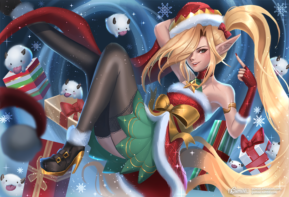1girl ambitious_elf_jinx blonde_hair bow choker christmas christmas_tree gloves gumae hair_over_one_eye high_heels jinx_(league_of_legends) league_of_legends lipstick long_hair pointy_ears ribbon santa_hat skirt thighhighs