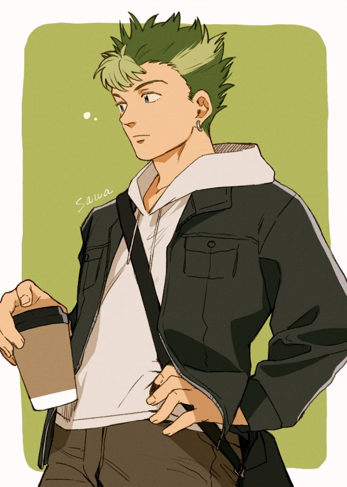 1boy artist_name black_jacket blue_eyes brown_pants cup disposable_coffee_cup disposable_cup earrings eiyuu_densetsu green_background green_hair hand_on_own_hip holding holding_cup hood hoodie jacket jewelry kevin_graham male_focus open_clothes open_jacket pants sawaponu3 sen_no_kiseki_(series) sen_no_kiseki_i short_hair simple_background solo white_hoodie