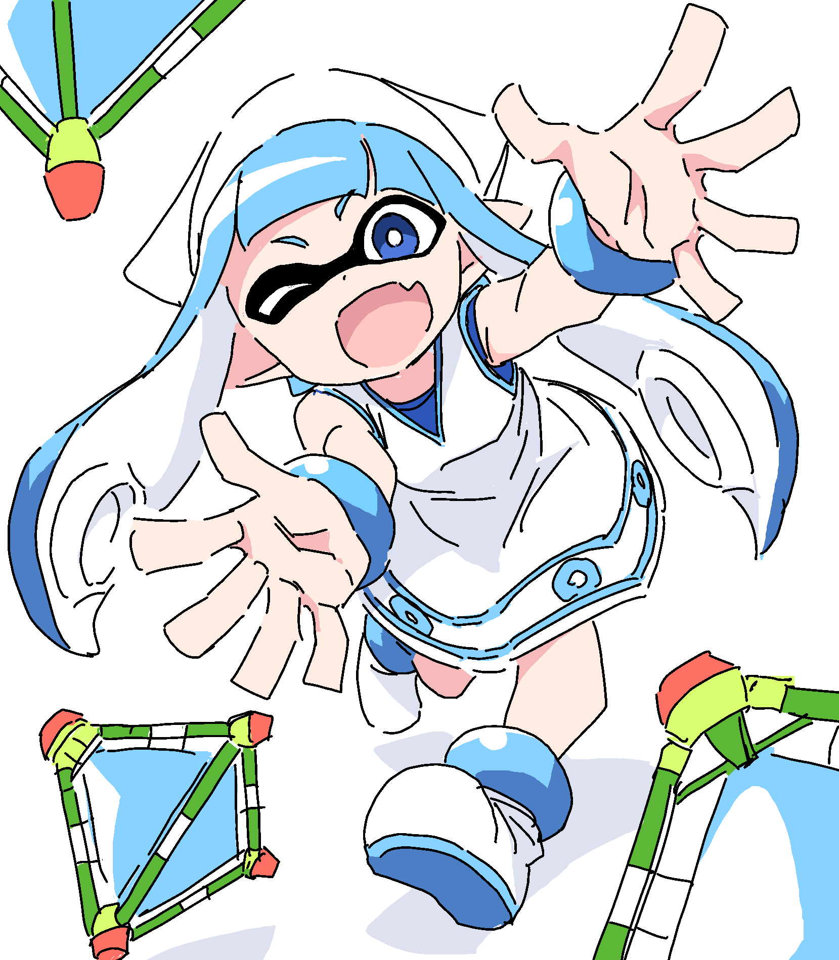 1girl ;d anbe_masahiro ankle_boots anklet blue_eyes blue_hair boots bracelet bright_pupils cosplay dress fang full_body hat highres ikamusume ikamusume_(cosplay) inkling inkling_girl inkling_player_character jewelry long_hair looking_at_viewer nintendo one_eye_closed open_mouth outstretched_arms pointy_ears shinryaku!_ikamusume skin_fang sleeveless sleeveless_dress smile solo splat_bomb_(splatoon) splatoon_(series) splatoon_1 squid_hat standing tentacle_hair white_background white_boots white_dress white_hat white_pupils