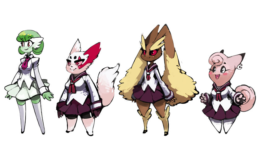 4girls animal_nose bittenhard breasts clefairy gardevoir gen_1_pokemon gen_3_pokemon gen_4_pokemon lopunny multiple_girls nintendo no_feet pokemon pokemon_(creature) school_uniform thighhighs wide_hips zangoose