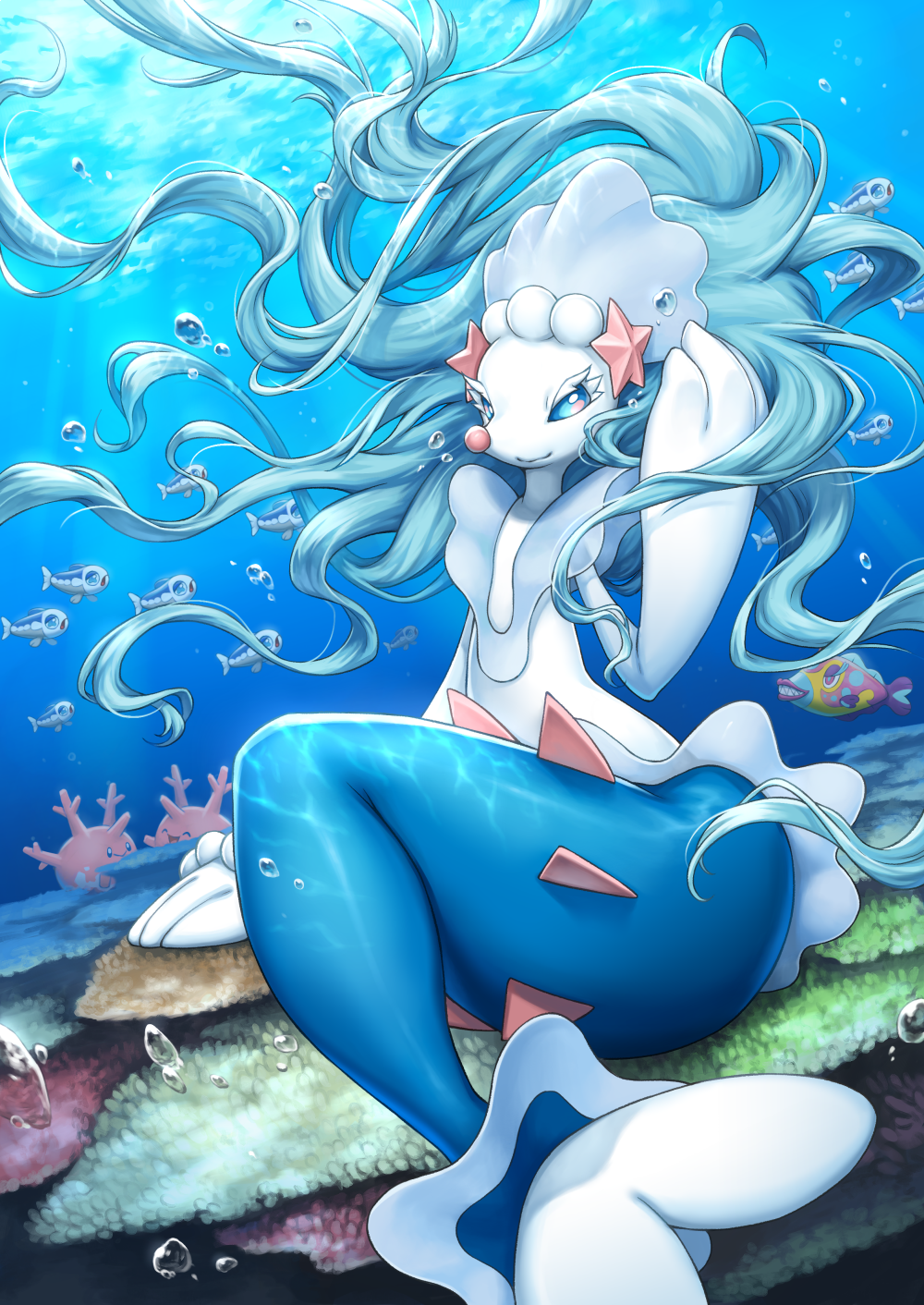 blue_eyes blue_hair bruxish bubble colored_skin corsola eyelashes fins fish_tail full_body gen_2_pokemon gen_7_pokemon hair_ornament highres kemonomichi_(blue_black) long_hair nintendo no_humans ocean pokemon pokemon_(creature) pokemon_sm primarina smile star_(symbol) star_hair_ornament starfish tail underwater very_long_hair water white_skin wishiwashi wishiwashi_(solo)