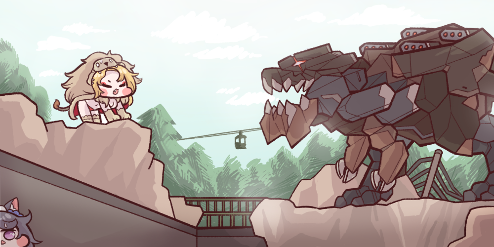 1boy 2girls ags_(last_origin) animal_ear_fluff animal_ears animal_hands blonde_hair blush_stickers bridge bulga cat_ears cat_girl chibi facial_mark fang last_origin lion_tail long_hair maid_headdress messy_hair missile_pod multiple_girls poi_(last_origin) purple_eyes queen_of_mane red_eyes roaring ruins scar scar_across_eye scar_on_face sky sweatdrop tail tree triangle_mouth tyrannosaurus_rex tyrant_(last_origin)