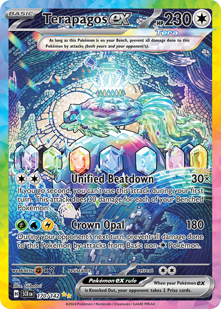 animal_focus aqua_eyes artist_name card_(medium) character_name company_name copyright_name copyright_notice english_text gem nintendo no_humans official_art pokemon pokemon_(creature) pokemon_card pokemon_focus pokemon_tcg saboterian terapagos terapagos_(stellar) terastallization third-party_source trading_card