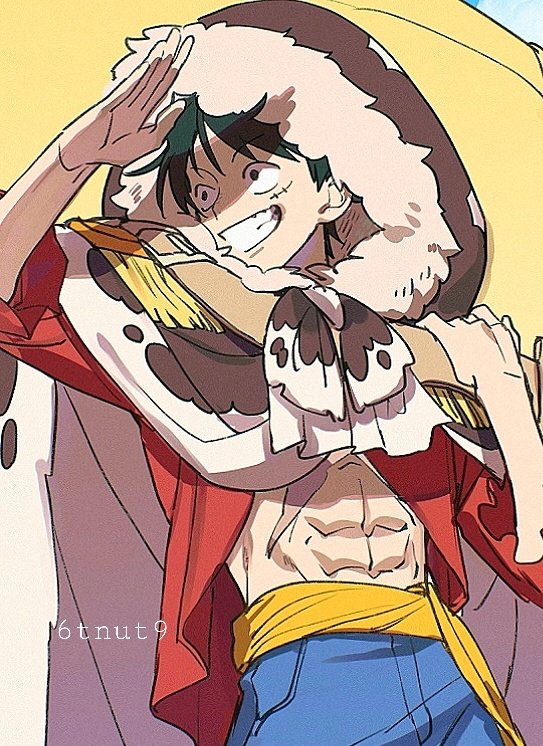1boy 6tnut9 abs bag black_hair blue_shorts cowboy_shot epaulettes hood hooded_coat looking_to_the_side male_focus monkey_d._luffy one_piece open_clothes open_shirt red_shirt sash scar scar_on_chest scar_on_face shirt shorts smile solo twitter_username yellow_sash