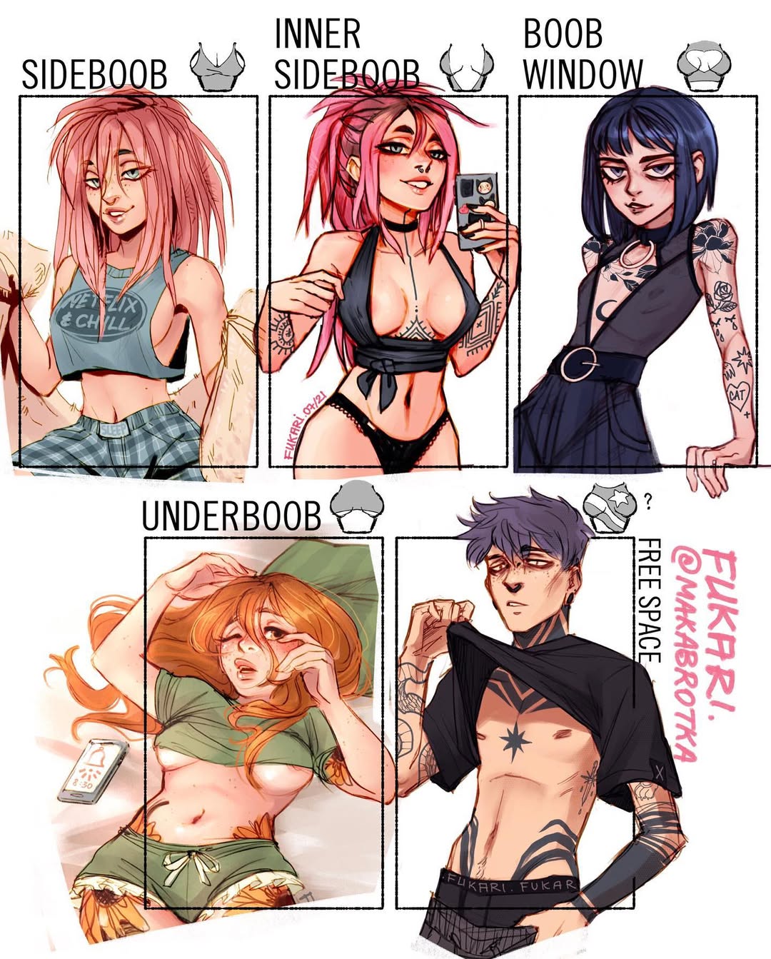 1boy areola_slip arm_tattoo belt black_hair black_panties blue_hair boxer_briefs boxers breasts breasts_apart character_request chest_tattoo choker clothes_lift crop_top ear_piercing english_text face_piercing flat_chest fukari green_shirt green_shorts highres holding jewelry large_breasts long_hair looking_at_viewer male_underwear medium_breasts meme meme_attire midriff multiple_drawing_challenge multiple_girls navel navel_piercing nipples no_bra nose_piercing nose_ring o-ring o-ring_choker offelia_(fukari) one_eye_closed orange_hair original panties pants phone piercing pink_hair ponytail see-through_clothes shirt shirt_lift short_hair shorts sideboob small_breasts smile stomach_tattoo tattoo underboob underwear wardrobe_malfunction