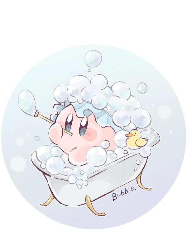 bath bathing bathtub blowing_bubbles blue_background blue_eyes blush blush_stickers bubble bubble_bath bubble_kirby bubble_pipe claw_foot_bathtub commentary_request copy_ability english_text guarani_(muku_6930) hand_up holding kirby kirby_(series) nintendo no_humans rubber_duck shower_cap simple_background solo white_background