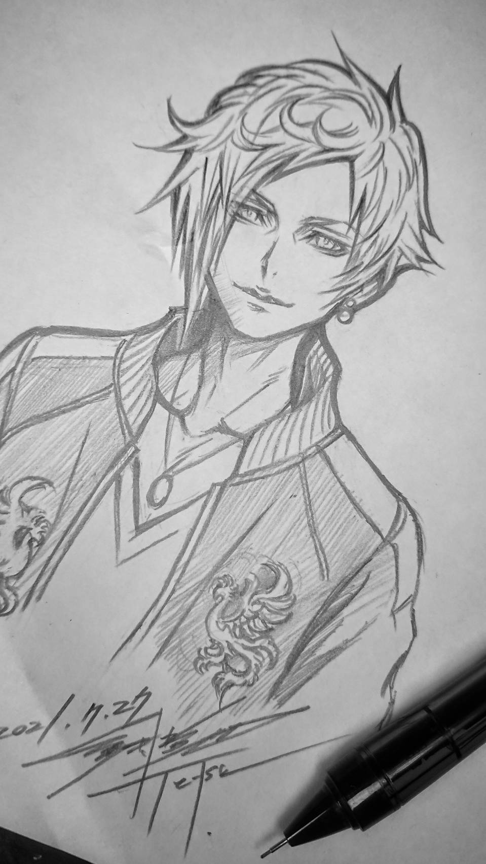 1boy bird closed_mouth collarbone ear_piercing hands_in_pockets highres jacket jewelry male_focus messy_hair mikagi_hazuki necklace nomura_tetsuya official_art phoenix piercing shin_subarashiki_kono_sekai sketch smile solo solo_focus subarashiki_kono_sekai upper_body