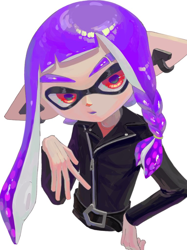 1girl belt black_jacket commentary_request eyebrow_cut inkling inkling_girl inkling_player_character jacket kurutot1 long_hair nintendo open_mouth parted_lips pointy_ears purple_hair red_eyes simple_background solo splatoon_(series) tentacle_hair upper_body white_background zipper zipper_pull_tab