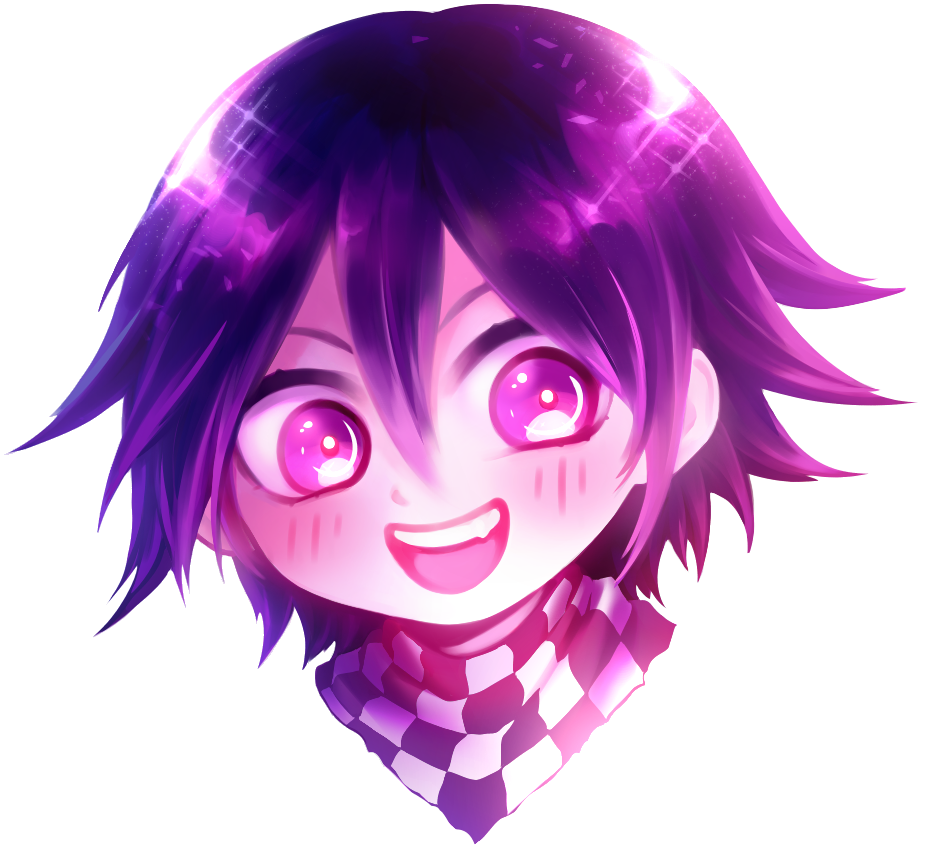 1boy :d blush checkered_clothes checkered_neckerchief danganronpa_(series) danganronpa_v3:_killing_harmony fang flipped_hair hair_between_eyes jacket looking_at_viewer male_focus neckerchief oma_kokichi open_mouth outline pink_eyes short_hair smile solo teeth traineralli upper_teeth_only white_outline