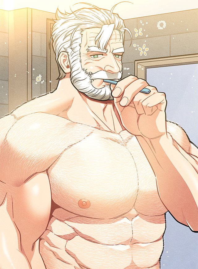1boy abs arm_hair bara beard body_hair brushing_teeth chest_hair commentary english_commentary facial_hair green_eyes holding holding_toothbrush karl-heinz_leopold kim_nuruk liebling looking_at_viewer male_focus messy_hair muscular muscular_male mustache nipples old old_man paid_reward_available pectorals toothbrush topless_male white_hair wrinkled_skin