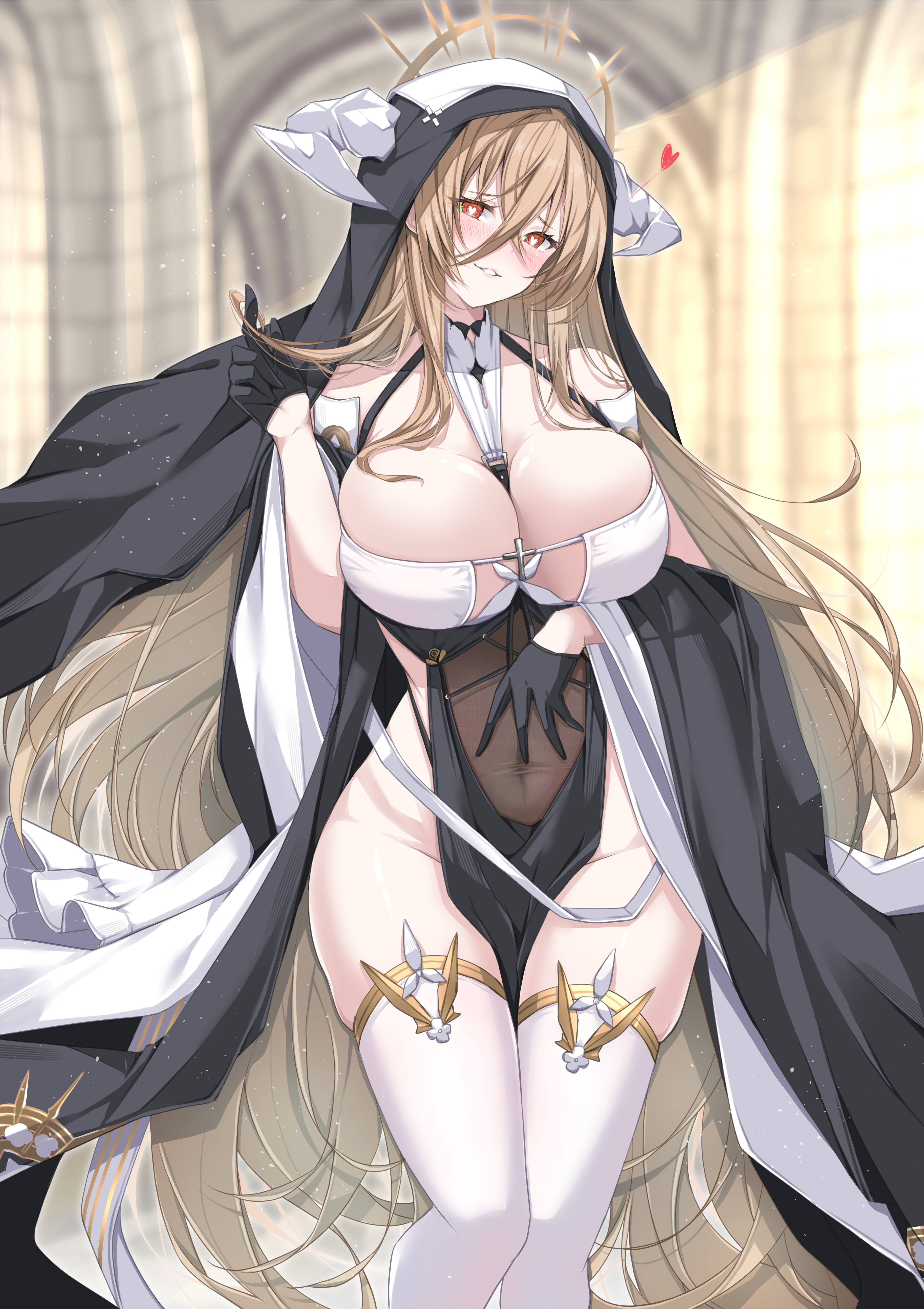 1girl absurdres azur_lane bare_shoulders black_gloves blonde_hair blush breast_cutout breasts cleavage commission covered_navel fake_horns feet_out_of_frame gloves habit hair_between_eyes half_gloves heart heart-shaped_pupils highres horns huge_breasts implacable_(azur_lane) long_hair long_hair_between_eyes long_sleeves looking_at_viewer mikuchi3939 no_panties nun pelvic_curtain red_eyes revealing_clothes skeb_commission solo standing symbol-shaped_pupils thighhighs very_long_hair white_horns white_thighhighs wide_sleeves