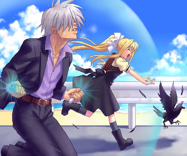 1boy 1girl air_(visual_novel) belt bird blonde_hair boots brown_belt clenched_hand closed_eyes cloud day feathers grey_legwear guard_rail kamio_misuzu kneeling kunisaki_yukito long_hair long_sleeves open_mouth outdoors pants purple_pants purple_shirt running shirt short_hair short_sleeves silver_hair sky unbuttoned zen