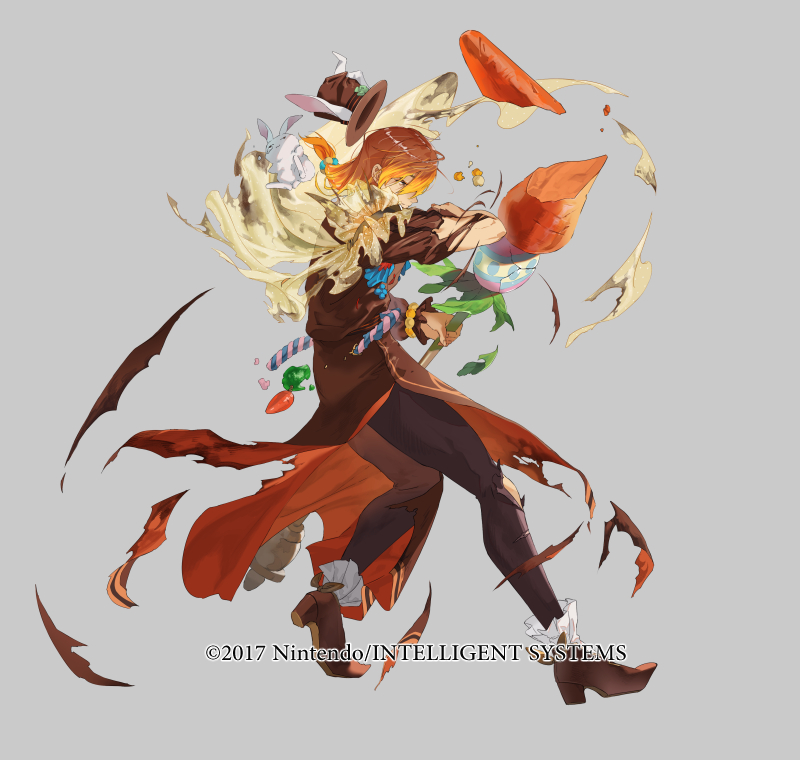 1boy animal_ears broken broken_weapon brown_eyes circlet copyright_notice fake_animal_ears fire_emblem fire_emblem_echoes:_shadows_of_valentia fire_emblem_heroes full_body grey_background hat hat_loss hat_with_ears holding holding_polearm holding_weapon long_hair low-tied_long_hair luthier_(fire_emblem) luthier_(spring)_(fire_emblem) male_focus mayo_(becky2006) nintendo official_art orange_hair polearm rabbit_ears solo torn_clothes weapon
