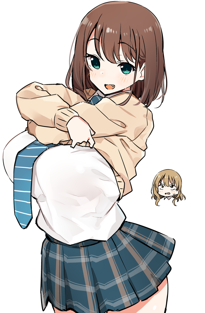 2girls :d blue_neckwear blue_skirt blush breasts brown_eyes brown_hair brown_sweater character_request chibi clothes_lift collared_shirt fang green_eyes large_breasts lifting_own_clothes light_brown_hair long_sleeves multiple_girls necktie open_mouth plaid_clothes plaid_skirt pleated_skirt saki_(manga) school_uniform shirt shirt_tucked_in shisoneri simple_background skirt sleeves_past_wrists smile solo_focus striped_neckwear sweater sweater_lift undressing unozawa_shiori watanabe_rune white_background white_shirt