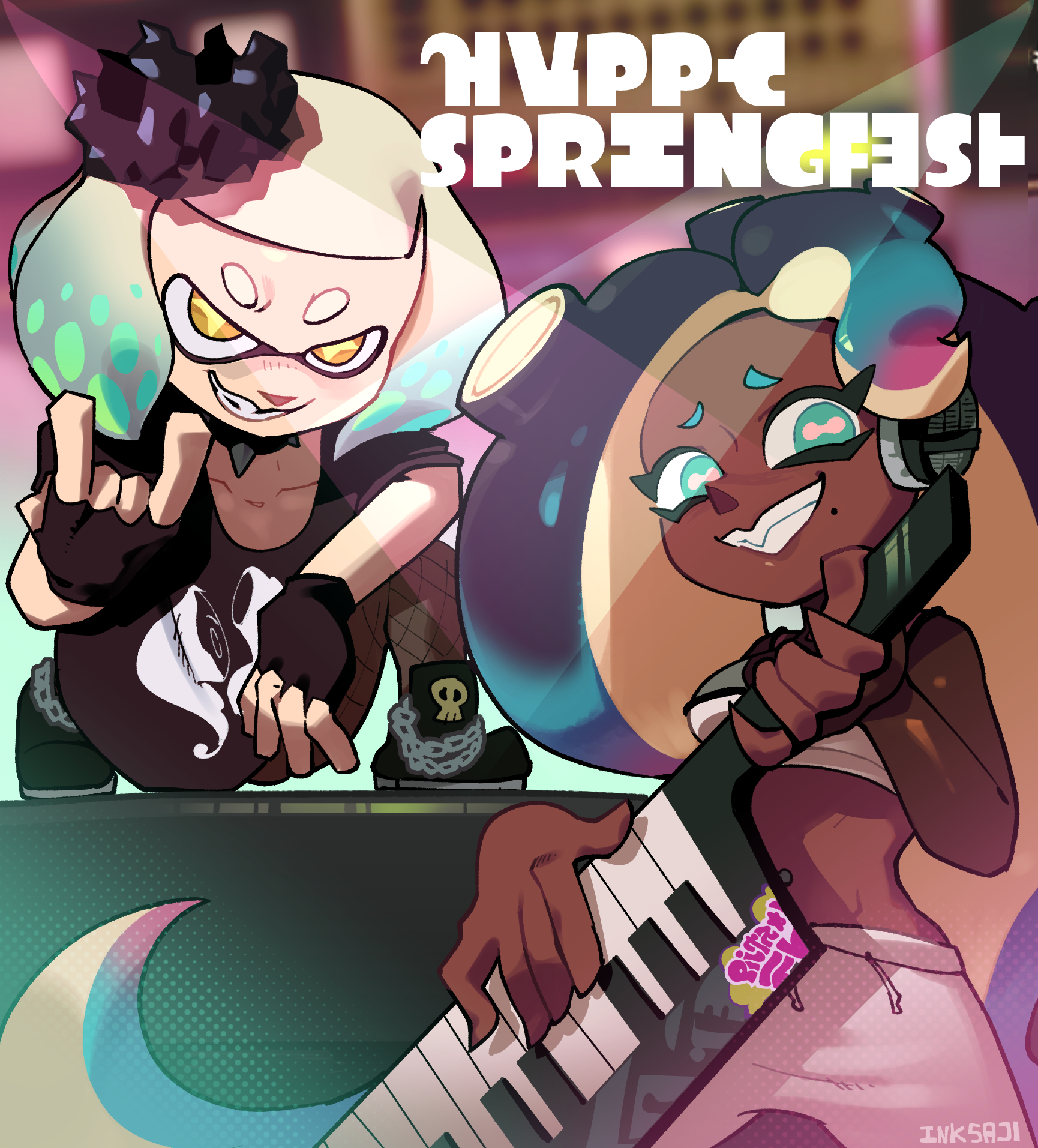 2girls \m/ aqua_eyes aqua_hair black_gloves black_hair black_shirt blonde_hair boots breasts chain collar commentary crop_top dark-skinned_female dark_skin fingerless_gloves gloves gradient_hair grin highres inkling inktaru instrument keytar long_hair marina_(splatoon) marina_(springfest)_(splatoon) medium_breasts medium_hair midriff mole mole_under_mouth multicolored_hair multiple_girls music navel navel_piercing nintendo octoling official_alternate_costume on_one_knee pants pearl_(splatoon) pearl_(springfest)_(splatoon) piercing playing_instrument shirt signature smile spiked_collar spikes splatoon_(series) splatoon_3 tentacle_hair very_dark_skin very_long_hair white_pants yellow_eyes