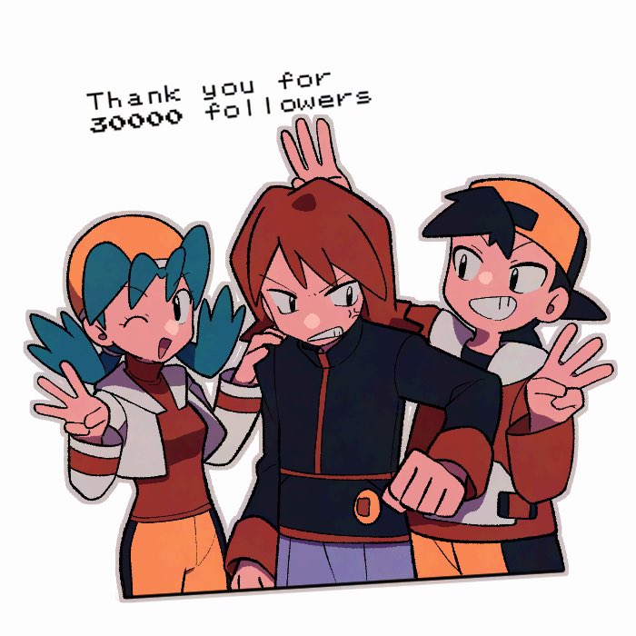 1girl 2boys anger_vein backwards_hat black_eyes black_jacket black_shirt clenched_hand clenched_teeth commentary_request ethan_(pokemon) grin hands_up hat jacket kris_(pokemon) long_hair long_sleeves milestone_celebration multiple_boys nintendo open_clothes open_jacket pants pokemon pokemon_gsc red_shirt shirt shorts silver_(pokemon) smile teeth thank_you twintails tyako_089 white_background yellow_hat yellow_shorts