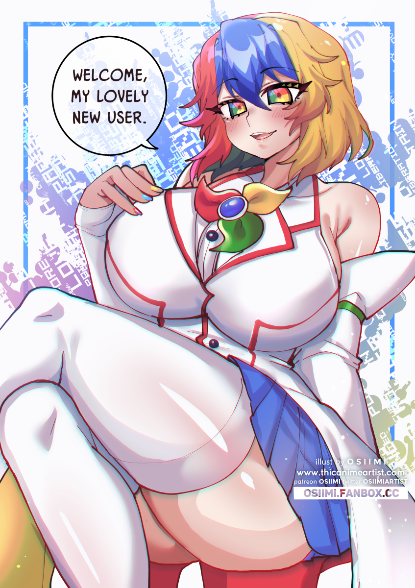 1girl alt_text bare_shoulders blonde_hair blue_eyes blue_hair blush breasts commentary crossed_legs detached_sleeves english_commentary english_text fang gloves google_chrome google_chrome_(merryweather) green_eyes green_hair hair_between_eyes highres huge_breasts internet_explorer_(webcomic) large_breasts looking_at_viewer multicolored_eyes multicolored_hair nail_polish open_mouth osiimi personification product_girl red_eyes red_hair short_hair skin_fang skirt solo speech_bubble thighhighs thighs watermark white_thighhighs yellow_eyes