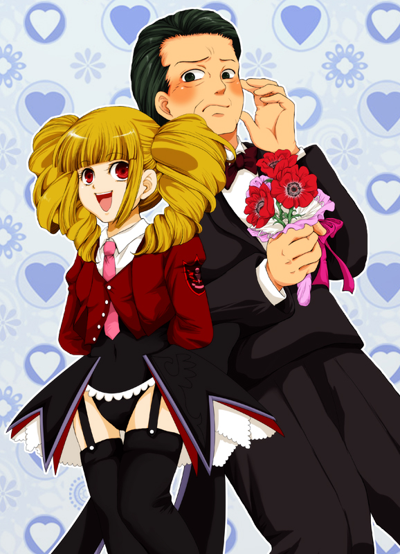 1boy 1girl beelzebub_(umineko) black_hair black_leotard blonde_hair bouquet flower gouda_toshirou highleg highleg_leotard leotard necktie pink_necktie twintails umineko_no_naku_koro_ni